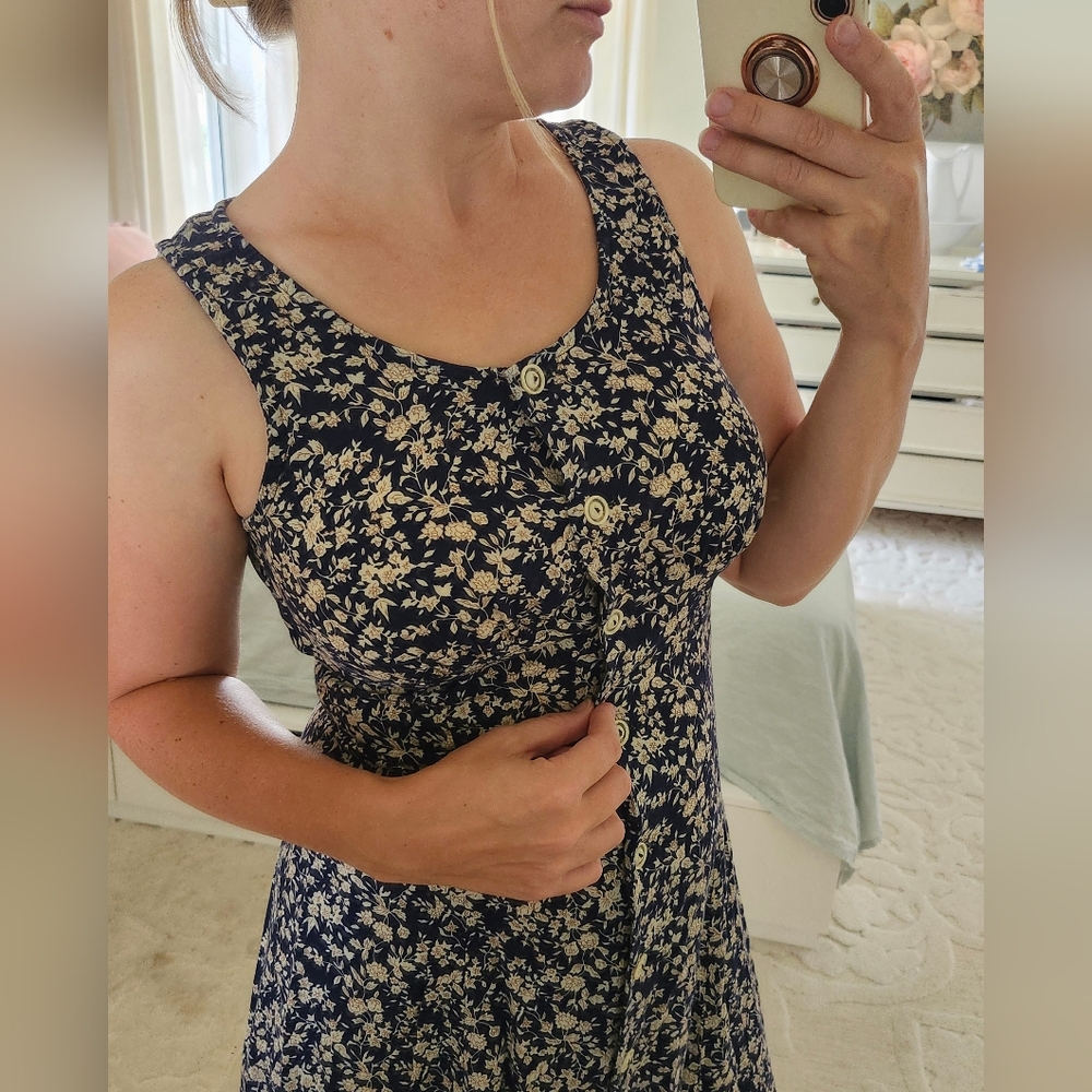 Vintage Floral RayonSleeveless Maxi Dress - Navy and Cream - Picture 5 of 7